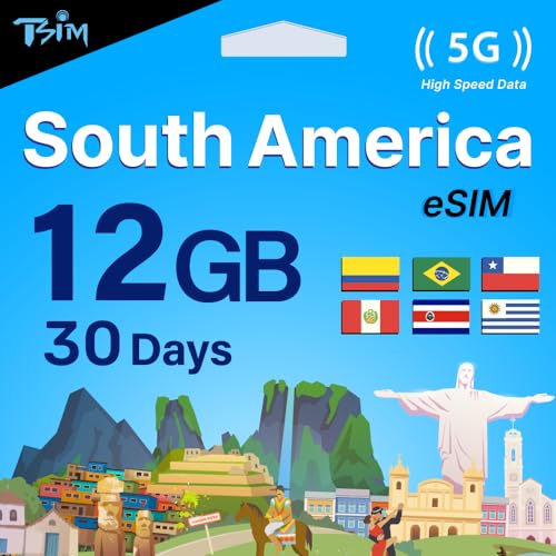 TSIM Südamerika SIM-Karte 30 Tage | 12 GB Internet in 5G/4G/LTE (Datennutzung/Hotspot erlaubt) | Nutzbar in Brasilien, Chile, Kolumbien, Peru, Uruguay & Costa Rica | 5G-Netz mit hoher Abdeckung.