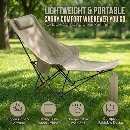 Image of ORILEY Compact Folding Chair with Heavy Duty Metal Frame 3 Adjustable Positions Portable Lightweight Foldable Seat for Outdoor Camping Hiking Fishing Garden Beach Picnic Travelling (Pack of 1, Khaki)
