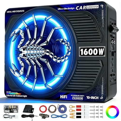 Image of 1600W 10 Inch Underseat Car Subwoofer and Amp Package, Slim Powered Under Seat Sub with Built-in Amplifier, RGB Music Light, Low Pass Filter, Bass Boost for Truck SUV