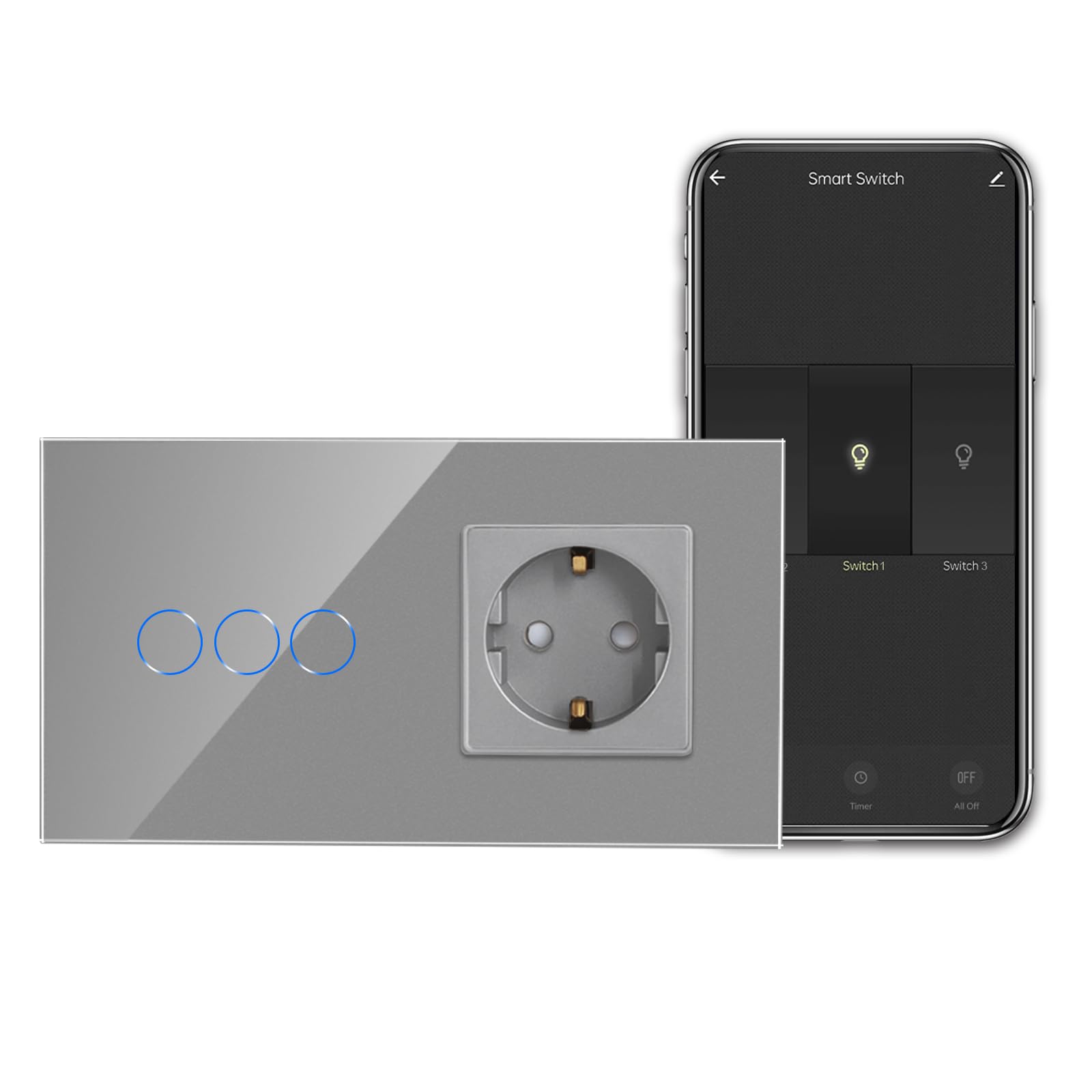 CNBINGO - Interruttore touch smart con presa Schuko da incasso con cornice in vetro, interruttore Wi-Fi per luci, funziona con Alexa, Google Assistant, interruttore a parete triplo in grigio
