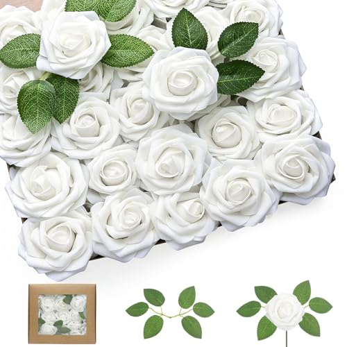 PANYI 25pcs Artificial Flowers Foam Roses DIY Wedding Bouquet White Roses Artificial Flowers Suitable for Wedding Valentine's Day Decoration, Flower Arrangement，Party(White)