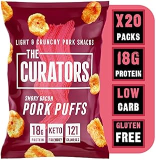 THE CURATORS High Protein Pork Puffs Variety Pack, 7 x Original Salted, 7 x Smoky Bacon & 6 Cheese, 25g (20 Packs) High Protein Crisp Low Carb Keto Gluten Free Savoury Snack