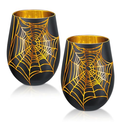Joeyan 540ML Halloween Gläser mit Gold Spinnweben, 2er Set Schwarze Weingläser Ohne Stiel, Handgemachte Weißweingläser,Rotweingläser für Saft Getränke,Stemless Wine Glasses für Urlaub Party Tischdeko