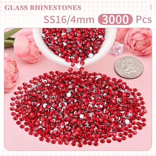 Image of 3000PCS SS16 /4mm Crystal Glass Rhinestones for Bedazzling (Red /Siam) | Flatback Rhinestones for Crafting DIY Nail Art Makeup Decoration, Gems Diomand Charms for Tumbler Shoes Clothing Mug