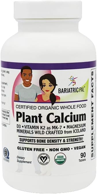 BariatricPal Calcio 1,000 mg comprimidos con magnesio, D3 y K2 - Alimentos integrales orgánicos certificados y veganos certificados! (90 tabletas)