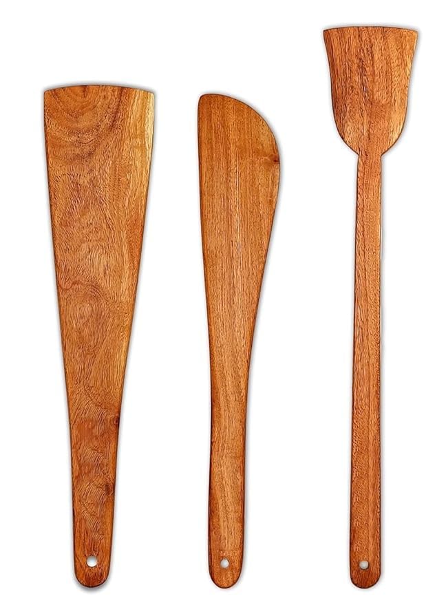 Flavoma Natural Wooden Spoon Set of 3 | Flip/Spatula/Ladle for Cooking | Dosa/Roti/Chapati | Kitchen Tools | No Harmful Polish | Handmade | Naturally Non-Stick Cookware | Sheesham/Neem Wood