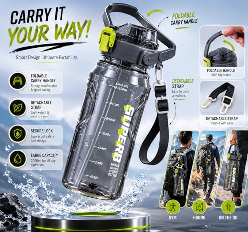 Image of 2 Liter Gym Sports Water Bottle Gallon Gym Bottle, Travel Bottle BPa Free material With Easy To Carry Handel Portable Mouth Motivational Sports Bottle (Grey)