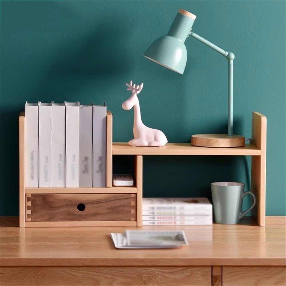 scaffale per libri Libreria da tavolo regolabile semplice, ripiano organizer retrattile in legno con cassetti, for espositore for studio e domestico