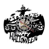 1. Größe: 30 cm 1 Stück Happy Halloween Retro Vinyl Musikplatte Wanduhr Kürbis Stadt Wandkunst Handmade Party Room Decor Clock