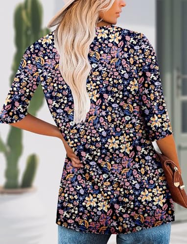 KISSMODA Tunic Tops for Women Loose Fit Dressy Round Neck Pleated 3/4 Length Sleeve Spring Tops