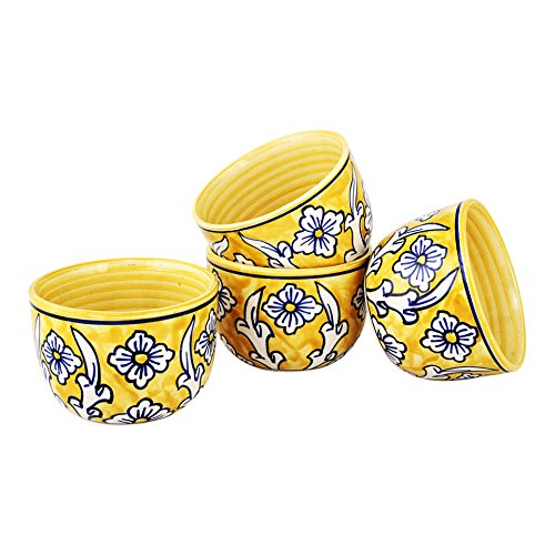 Image of KITTENS Ceramic Bowl Set of 4 (300ml) - Hand Painted Yellow Floral - Microwave & Dishwasher Safe - BPA-Free, Food Grade - Ideal for Soup, Snacks, Maggi & Gifting