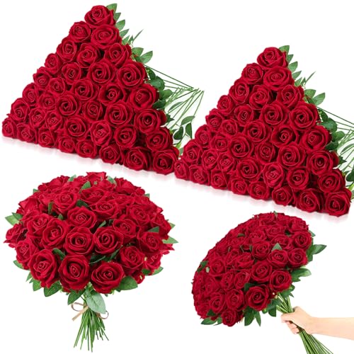 Ovveroche 80 Pcs Roses Artificial Flowers, Silk Crimson Burgundy Artificial Flowers Petals Long Stem Roses for Wedding Bouquet Home Party Decor