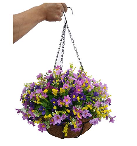 Silk Flower Chain Hanging Basket Flowerpot Artificial Daisy Fake Flowers Purple (Medium Basket) #TOP2