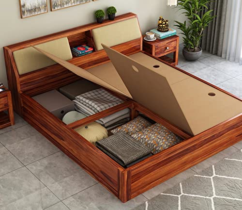 Image of STRATA FURNITURE Sheesham Wood King Size Bed with Box Storage Wooden Double Bed Cot Bed Furniture for Bedroom Living Room Home (Honey Finish)