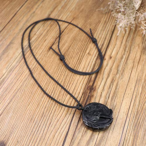 Coai Men's Viking Jewelry Raven Black Obsidian Necklace Adjustable Nylon Cord #TOP5