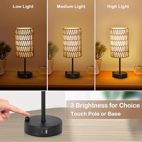 Touch Table Lamp For Bedroom with Bulb, Boho Small Desk Lamp For Living Room With Rattan & Linen Shade, 3 Way Dimmable Bedside Table Lamp For Nightstand With USB Charging Port & Phone Stand For Office - Image 4