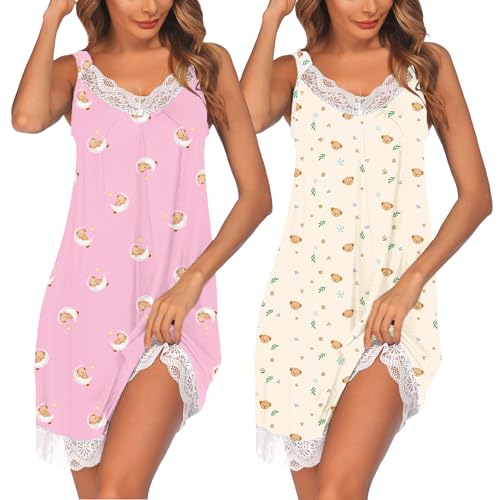 Ekouaer Women's Nightgown V-neck Chemise Sleepwear Lace Nightwear Soft Lingerie for Women 2pcs Teddy Bear Beige Pink M