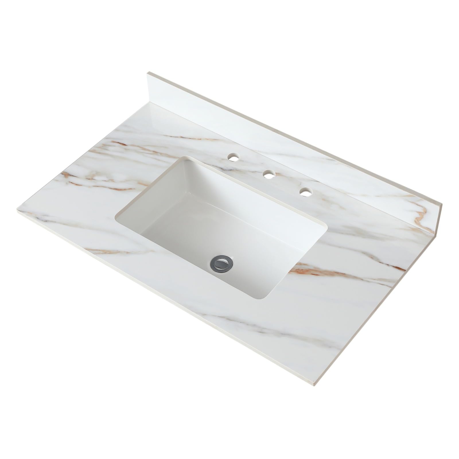 37" White Marble Bathroom Vanity Top - Undermount Rectangular Sink, 4" Backsplash, Pre-Drilled 8" Faucet Hole Spread, Sintered Stone (Fits 36"W Cabinets)