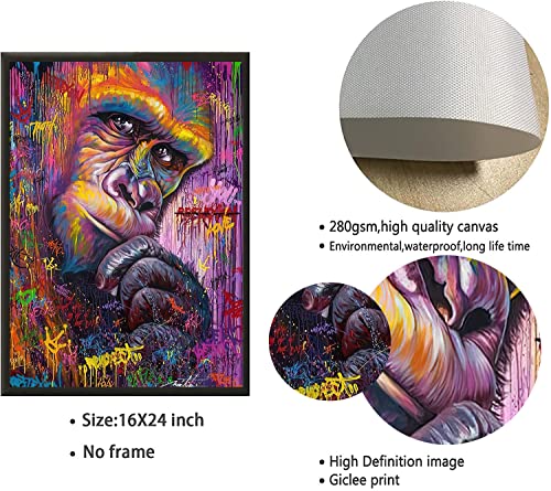 Colorful Gorilla Canvas Wall Art Hippie Cool Animals Monkey Abstract Poster Decorative Graffiti & Street Art Famous People Pop Art Modern Urban Multicolor For Living Room Bedroom Office, 16X24 Inches, No Frame #TOP5