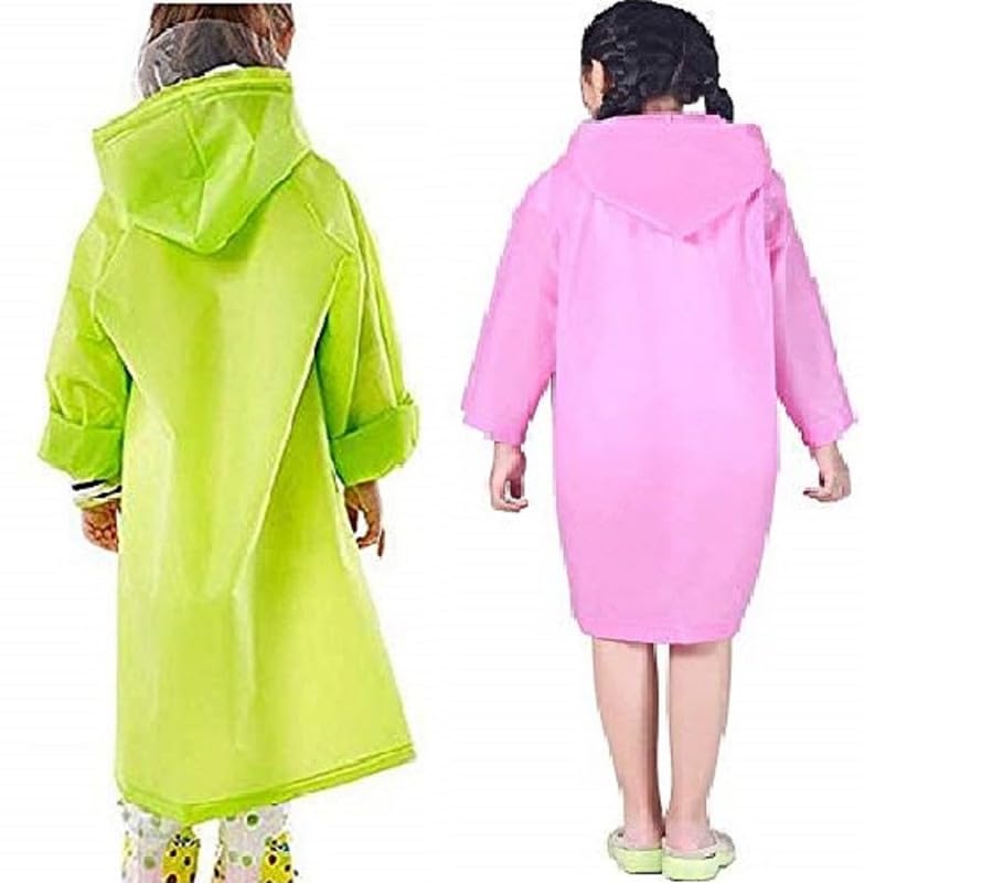 W+ Kid's Girl's Outdoor Traveling Plain Raincoat/Rain wear/Rain Suit(Green & Pink)-(Pack of 02) (5-6Years)