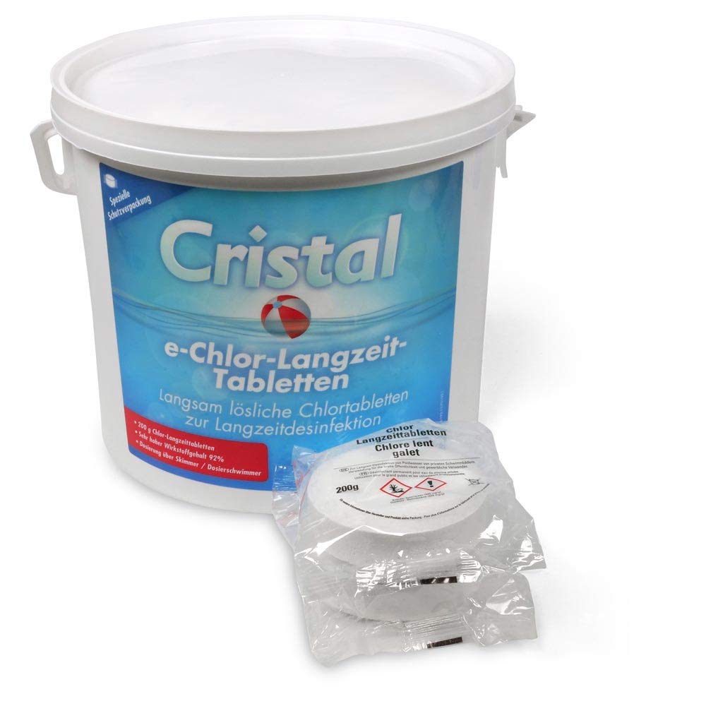 Cristal e-Chlor Langzeit-Tabletten 5 kg - 200 g Chlortabletten - Langzeitdesinfektion - Pools ab 20.000 l - Langsam löslich - Hoher Aktivchlorgehalt