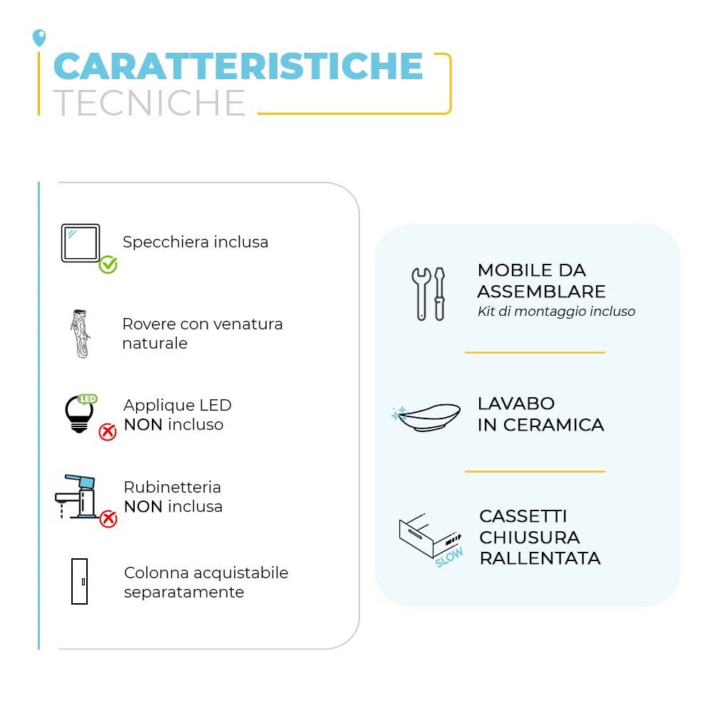 Inbagno Mobile Bagno da Terra 80 cm, 2 cassetti Serie Oasi, Colore Rovere con venatura Naturale, Completo di lavabo in Ceramica e specchiera