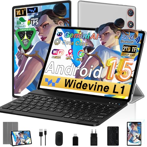 Tablet 10 Pollici Android con 20GB RAM+128GB ROM (TF 2TB), 5G WiFi 6, Octa-Core, GMS, Bluetooth 5, 5MP + 8MP, 1280 * 800 FHD IPS, 2.0 GHz, 2025 Newest Tablet Widevine L1 con Tastiera e Mouse - Silvery