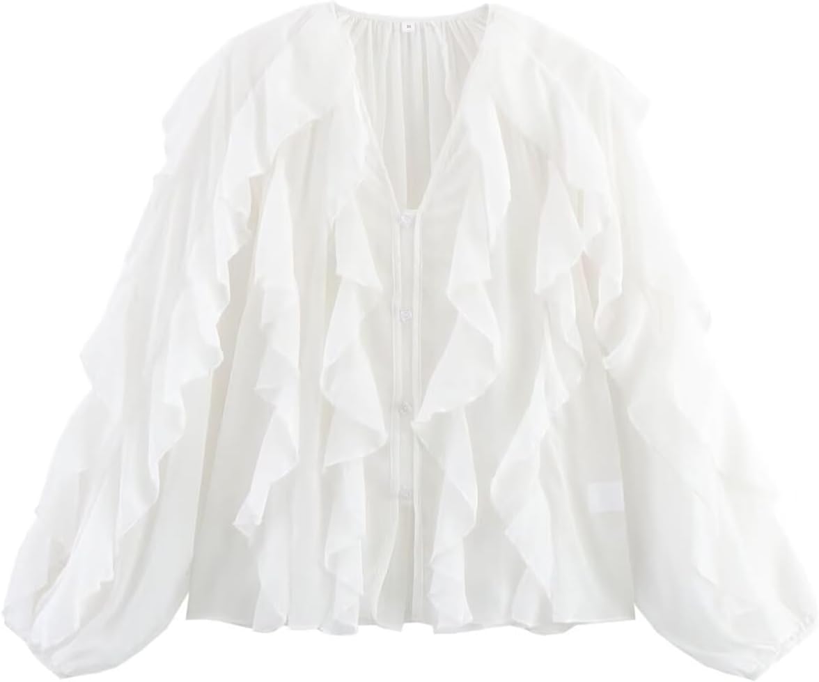 LETSVDO Women's Ruffle Chiffon Tops Puff Sleeve Sheer See Through Button Down V Neck Bubble Loose Casual Blouses Shirts - Image 4