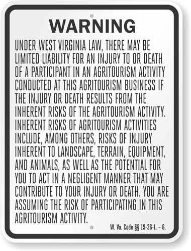 Panneau en métal West Virginia Agritourism avec avertissement légal de sécurité