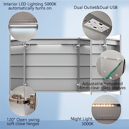 ExBrite LED Lighted Bathroom Medicine Cabinet with Mirror, 48 x 32 Inch, Recessed or Surface led Medicine Cabinet, Clock, Room Temp Display,Defog,Stepless Dimming,3-Color Temper Change, Outlets & USBs - Thumbnail 4