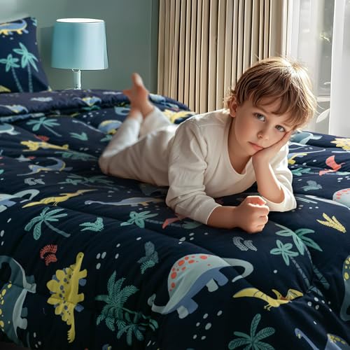 Image of PHF 5 Piece Kids Comforter Set, Ultra Soft Twin Size Comforter Sets Include Comforter, Fitted Sheet, Flat Top Sheet, Pillowcase, Sham for Boys, Dinosaur Bed in A Bag for Baby Bedroom, Dinosaur