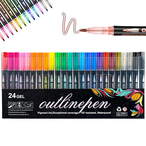 Dreamy Sparkle Dual-Line Contour Pen, 8/12/24/36/48/60 Colors Double Line Outline Markers, Self Outlining Glitter Pens for Drawi