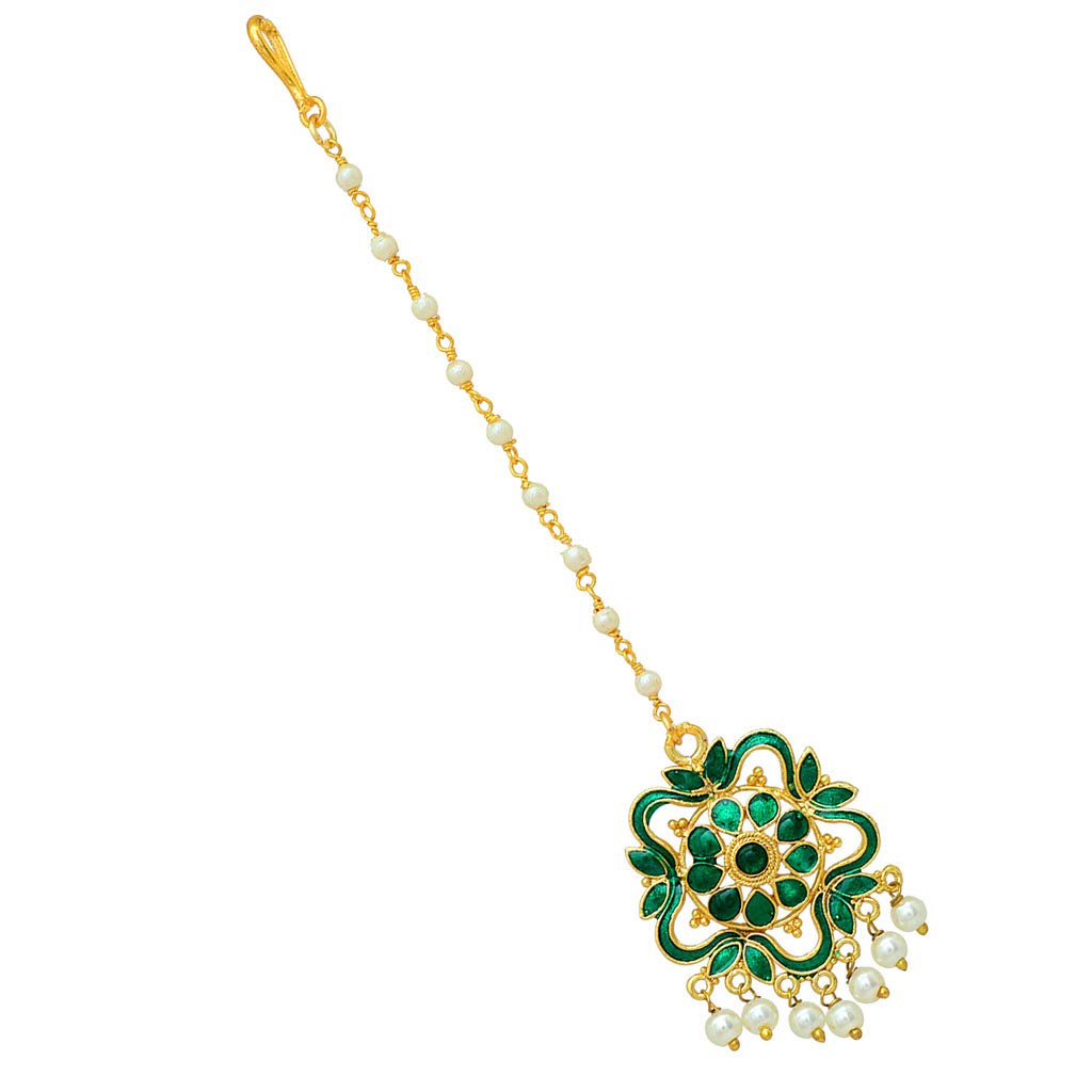 V L IMPEX Flower Theme Handmade Green Colour Meena Work Women Fashion Maang Tika for Girls and Women