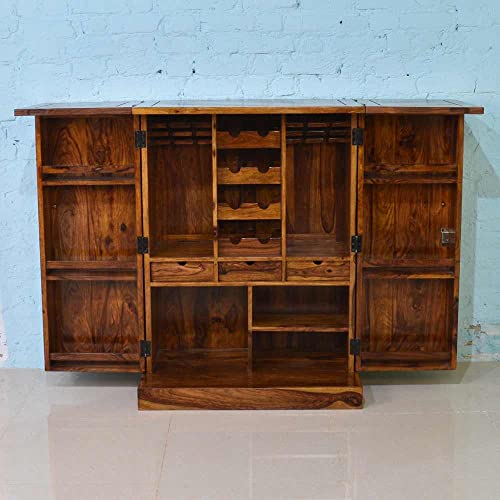 Image of Solid Sheesham Wood Bar Unit Cabinet With Storage Bottle Shelve & Built-in Glass Holder Brass Studs Drink Wine Rack Organizer For Living Room Home & Lounge Dining Cupboard Liquor Furniture