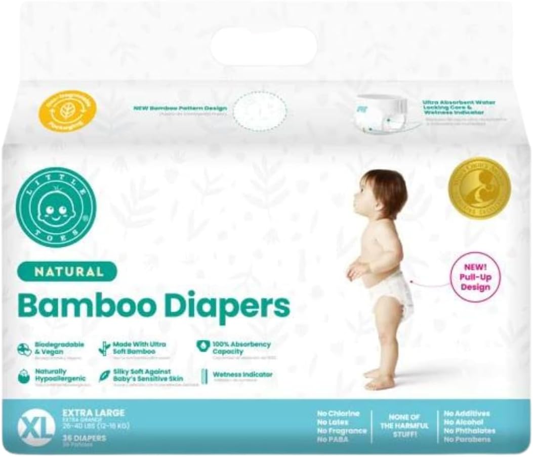 Little Toes Natural Bamboo Disposable Baby Diapers - Hypoallergenic, Sensitive Skin Safe, Patented Viscose, Day & Overnight 100% Absorbency and Leak Protection, Eco Friendly (Size 5 X-Large 36 Count)