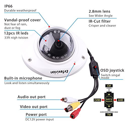 Evtevision 2.0Mp Fhd 1080P Dome Security Camera (Hybrid 4-In-1 Cvi/Tvi/Ahd/960H Analog Cvbs),12Pcs Leds,33Ft Ir Night Vision,Cctv Home Surveillance Cameras With Audio Pickup & Osd Menu #TOP2