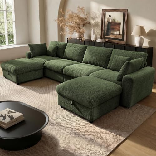 Image of Ihanherry 141 inch Oversized Cloud Sectional Couches for Living Room, Modular Sectional Sofa with Wide Deep Seat, U Shaped Couch with Throw Pillow and Storage Ottoman, Green