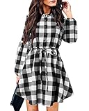 YOINS Vestidos Mujer con Botones Vestido Camiseta A Cuadros Mangas Larga Mini Vestidos Casual Otoño Invierno Moda A-Negro L