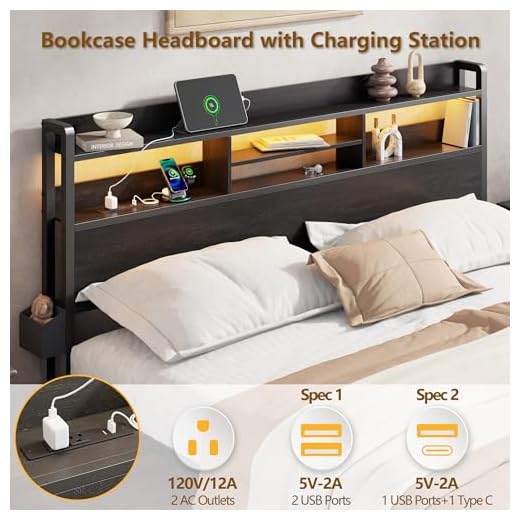 Furnulem Queen Bed Frame with Storage & Lights