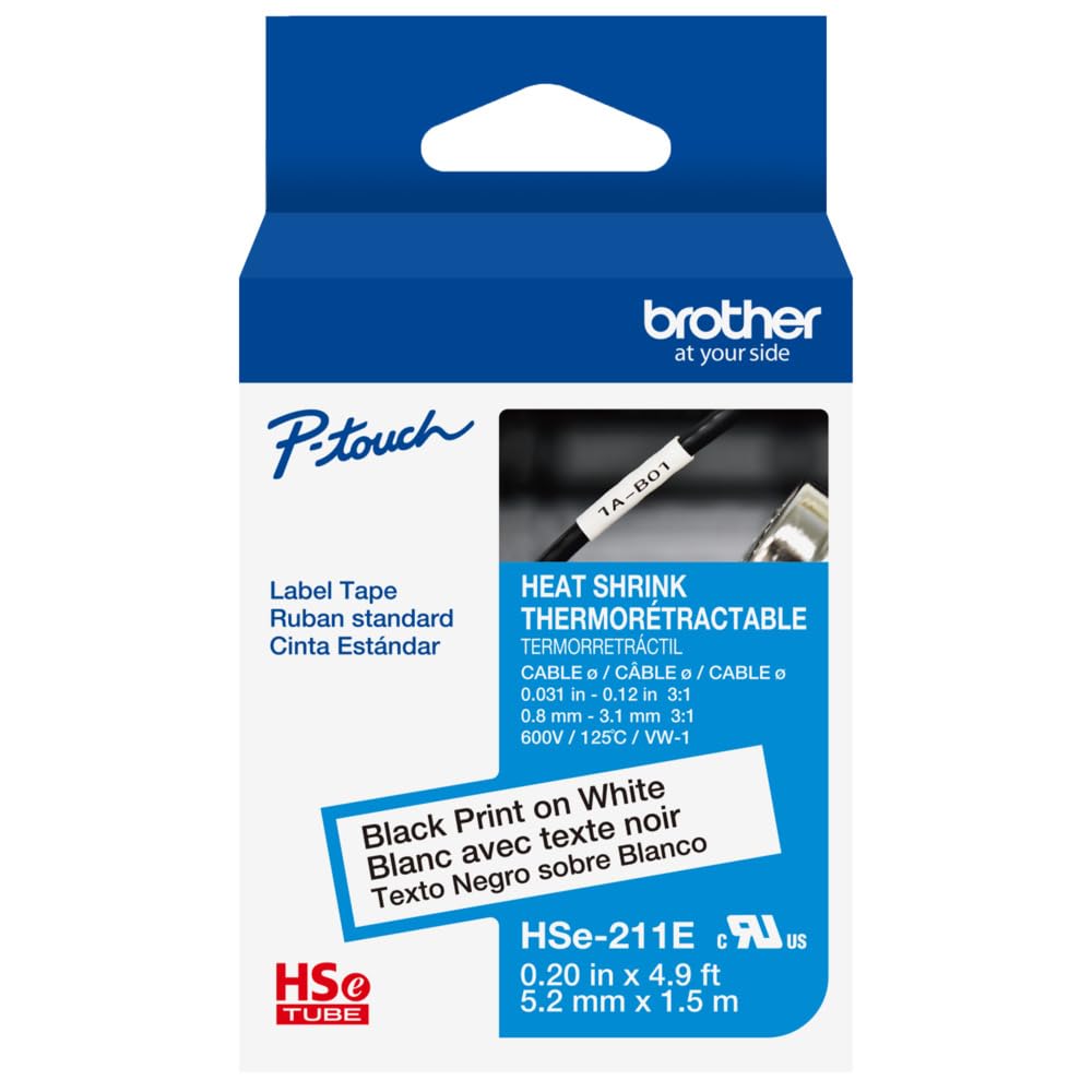 Photo 1 of Brother HSe211E ~1/5in (5.28mm) Black on White Heat Shrink Tube, 3:1 Electrical Shrink Wrap Labeling Tape for AWG 16-24, 4.9 ft (1.5m) Cassette for P-Touch Industrial Heat Shrink Label Printers