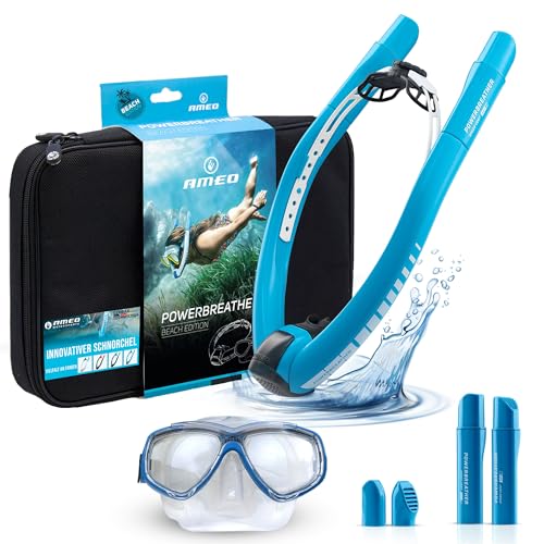 AMEO POWERBREATHER Beach Plus - Boccaglio ad aria fresca - Dispositivo di allenamento per piscina e acque libere per adulti e bambini - Set da snorkeling con sistema a valvola intelligente