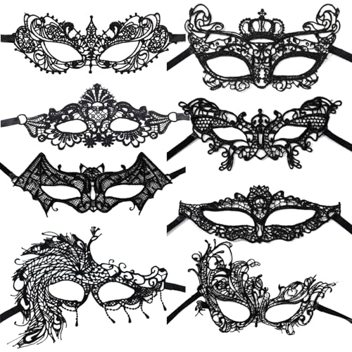 MLPKOI 8 Pcs Venetian Masks, Masquerade Masks for Women Blac