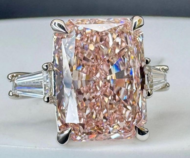 5CT Radiant Cut Pink Diamond Engagement Ring,Tapered Baguette Side Stones,14K White Gold Plated,Fancy Pink Engagement Ring for Her,Wedding Ring For Women,Gifted For Her,Size 3-12.