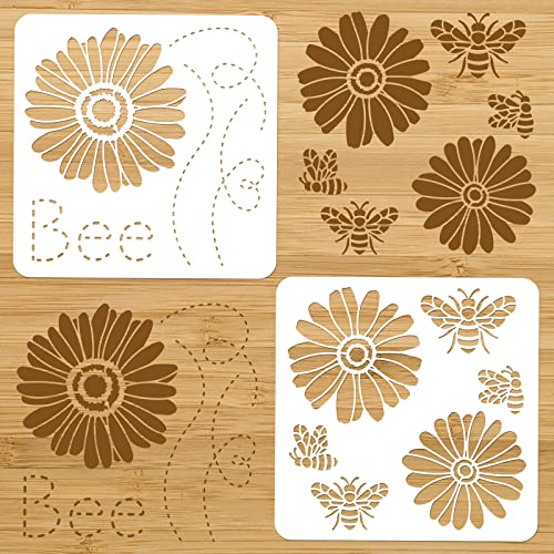 NBEADS 2 Pcs Daisy Bee & Spring Stencils, Reusable Plastic DIY Art & Craft Stencils, 30x30cm for Painting on Wood Canvas - Image 2