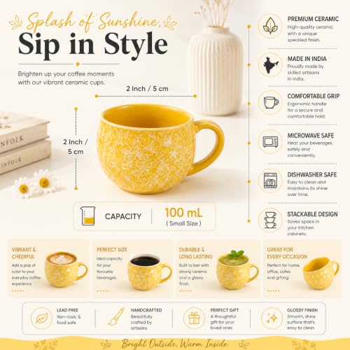 Image of Colorfull Ceramic Tea Cup Set of 6 Pcs - 100ml | Tea /Chai Cup Sets Coffee Mugs Ceramic Dinnerware Crockery for Kitchen | Ideal for Kitchen, Home Daily Use & Gifting (Lemon Yellow Bliss)