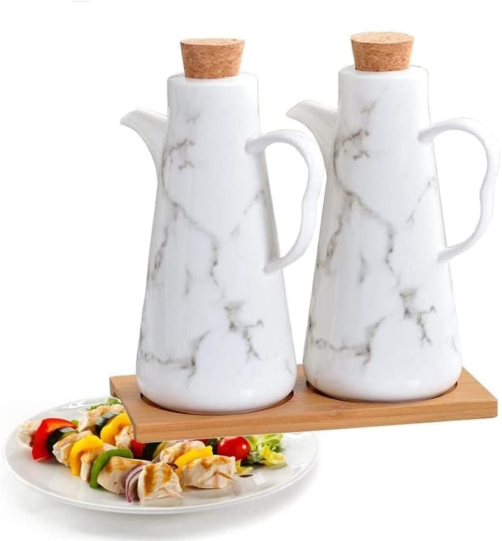 IGZVMBO Spice Bottle 500ML Oil Dispenser Jar 2 Pieces Ceramic Bottle Oil Or Vinegar Dispenser Olive Oil Sauce Kitchen Utensil Spice Tank Wooden Pallet