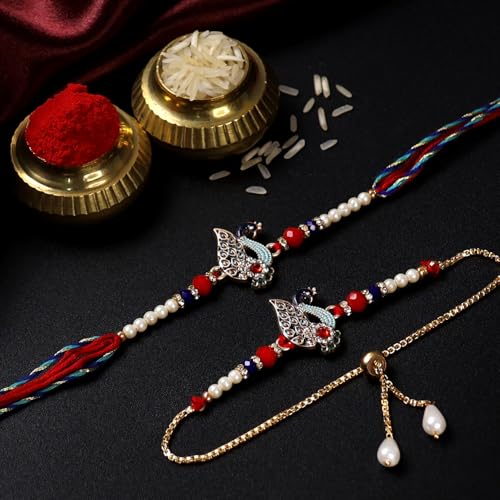 Image of Oblivion Rakhi Set for Brother and Bhabhi - Peacock with Feather Gift for Bhai & Lumba for Bhabhi with Silver Colour Coin and Greeting Card - Raksha Bandhan Combo