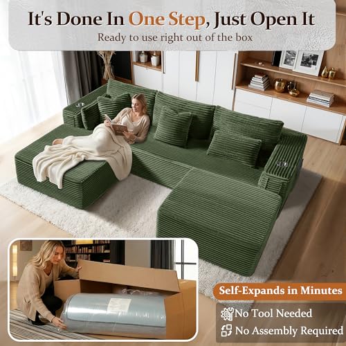 Image of Oversized 108 inch Cloud Sectional Couch, Comfort U Shaped Boneless Couch for Living Room, Extra Deep Seats No Assembly, Modular Sofa, Corduroy (Olive Green, 2 Seater+Left Facing Chaise+Ottoman)