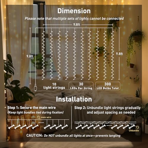 Image of JMEXSUSS 300 LED Remote Control Curtain Lights, Plug in Fairy Curtain Lights Outdoor, Window Wall Hanging String Lights for Bedroom Indoor Dorm Backdrop Wedding Party Patio Christmas Decor, Warm White