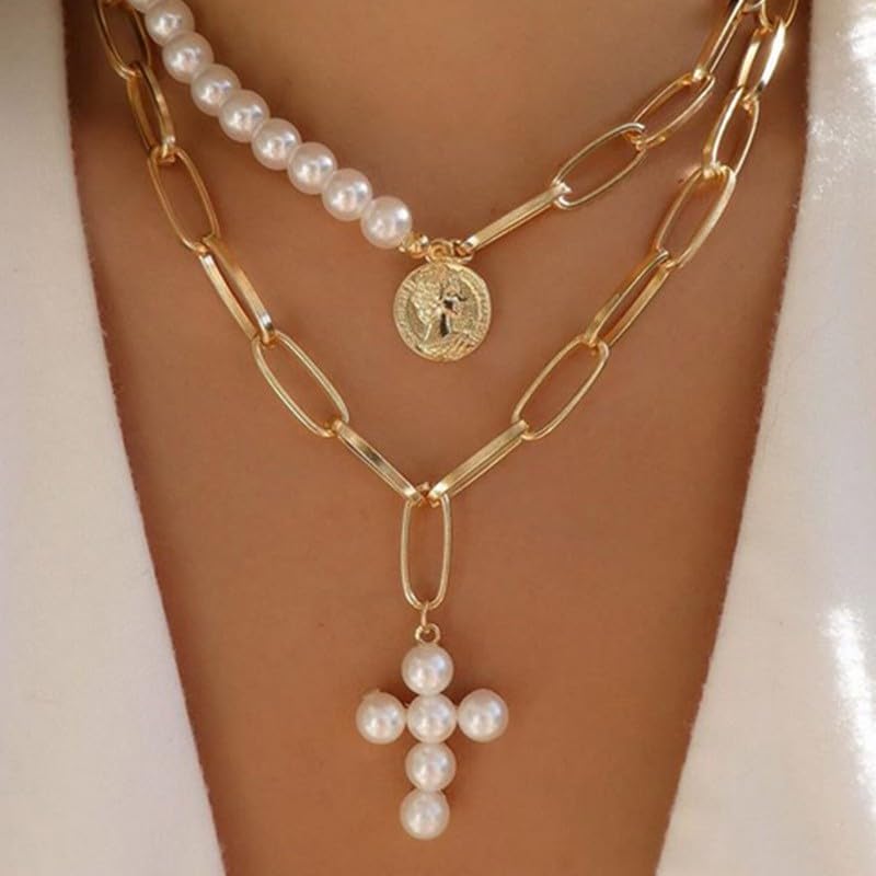 Layered Pearl Necklace for Women Trendy Simple Necklace Gold Chain Choker Necklace Pearl Cross Necklace Tiny Gold Jewelry for Women2
